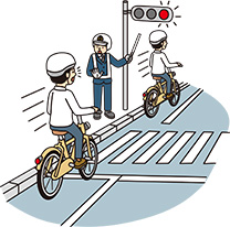 警察官の姿を認めながら信号を無視したイラスト