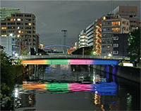 4色にライトアップされた橋の写真