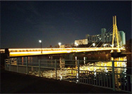 黄色にライトアップされた橋の写真