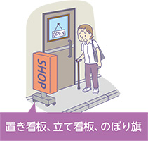 道路に設置された置き看板、立て看板、のぼり旗イラスト