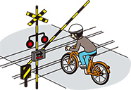 遮断する踏み切りへ立ち入るイラスト