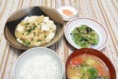 写真:さっぱり和風麻婆豆腐、豆苗と大豆もやしの海苔辛子和え、新じゃがいもと新玉ねぎの味噌汁、緑茶ふりかけ、りんごとヨーグルトデザート