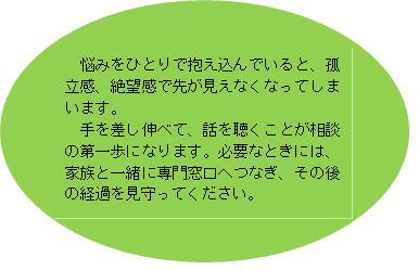 悩みをひとりで抱え込んでいると、孤独感、絶望感で先が見えなくなってしまいます。手を差し伸べて、話を聴くことが相談の第一歩になります。必要なときには、家族と一緒に専門窓口へつなぎ、その後の経過を見守ってください。