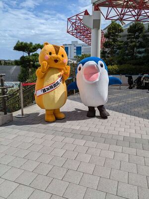 写真：しながわ水族館公式キャラクター「しなフィン」と品川区認知症啓発キャラクター「くるみちゃん」