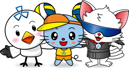 イラスト:東京2025デフリンピック応援隊の品川区3競技応援キャラクター「シナカモン」「ビーチュウ」「やたたま」