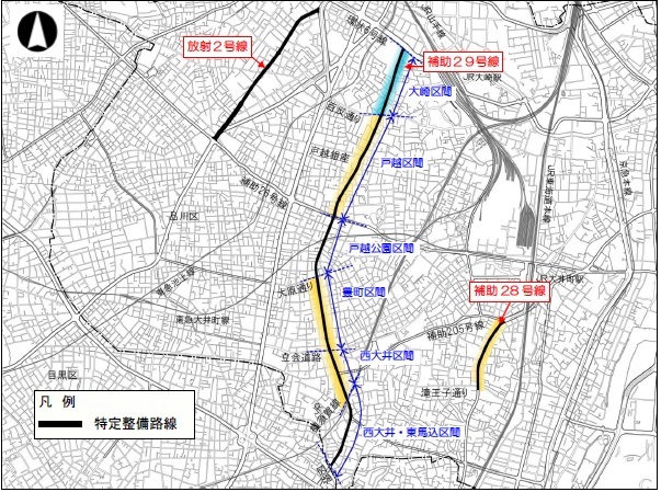 地図:平成28年特定整備路線沿道都市計画変更位置図