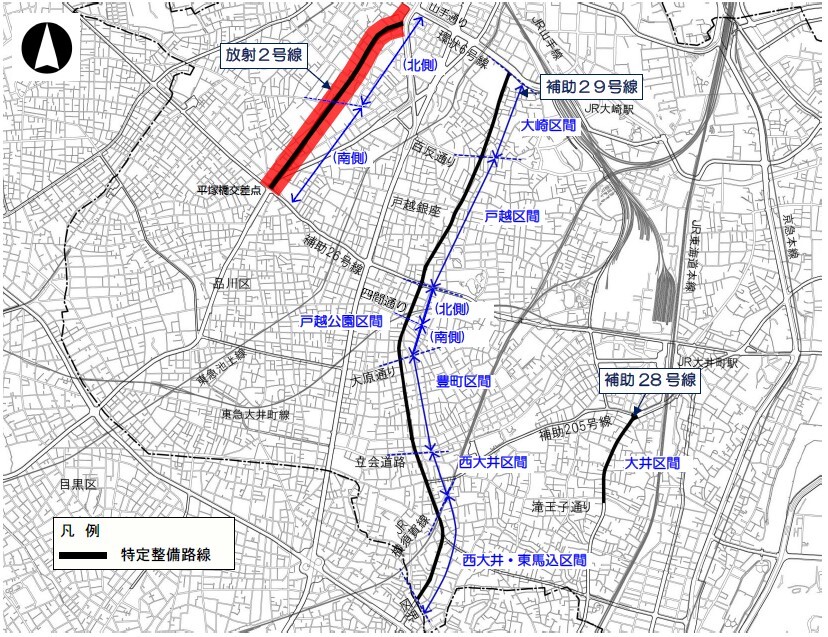 地図:令和2年特定整備路線沿道都市計画変更位置図