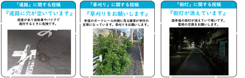 道路の投稿例写真 道路に関する投稿 道路に穴が開いています 草刈りに関する投稿草刈りをお願いします 街灯に関する投稿 街灯が消えています。