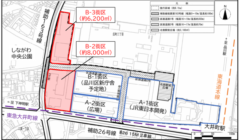 地図：広町地区案内図（品川区庁舎跡地活用の範囲）