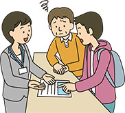 イラスト：付き添いの人にだけ説明する様子