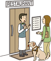 イラスト：補助犬が一緒であることを理由に入店を断る様子
