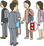 イラスト：ヘルプマークを付けている人にいすを貸し出す様子