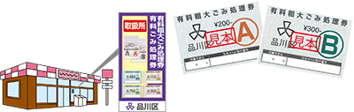 イラスト:粗大ごみ処理券取扱所ステッカーと粗大ごみ処理券見本