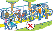 イラスト:自転車やバイクの放置により通行の妨げになる