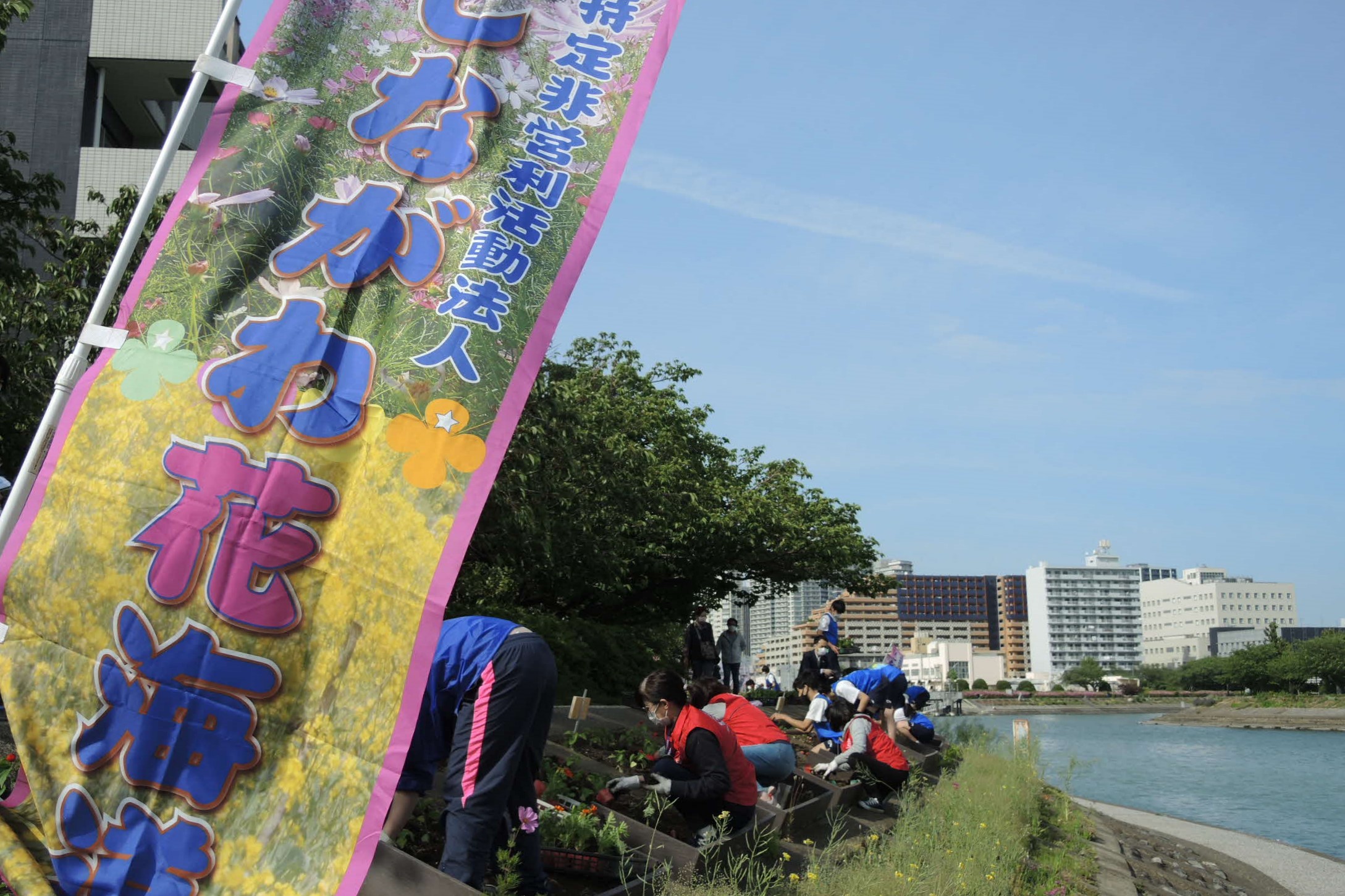 しながわ花海道のぼり旗の向こうで作業する様子