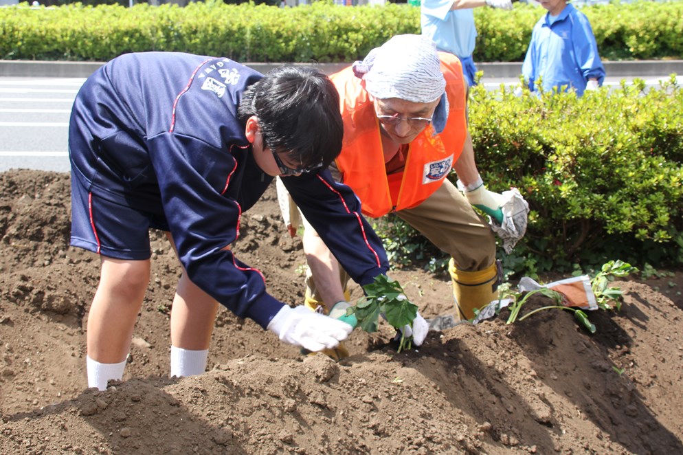 苗を植える生徒とサポートする会員