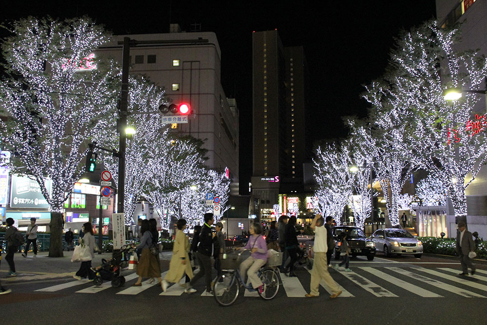 駅前横断歩道からのイルミネーション景色