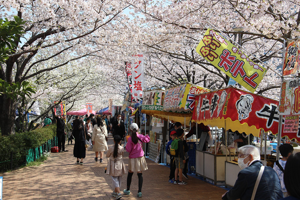 桜の木の下に並んだ屋台