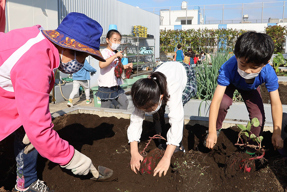 菜園ボランティアさんに教えてもらいながら土を掘る子ども