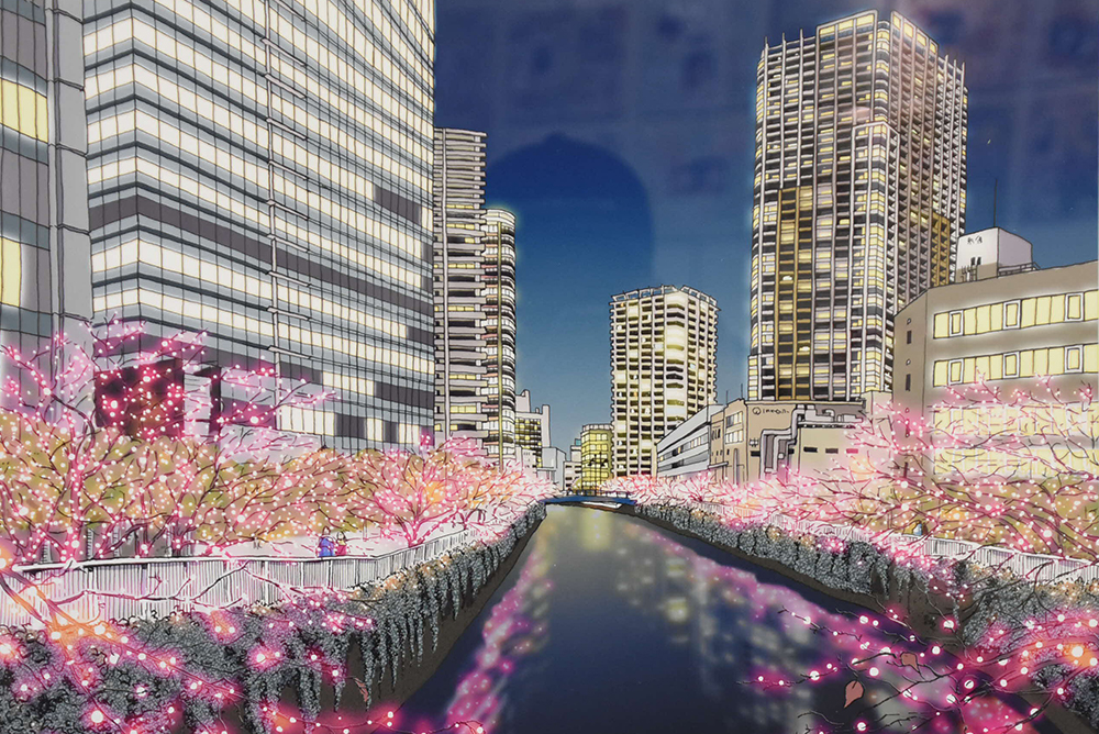 目黒川の桜のイラスト
