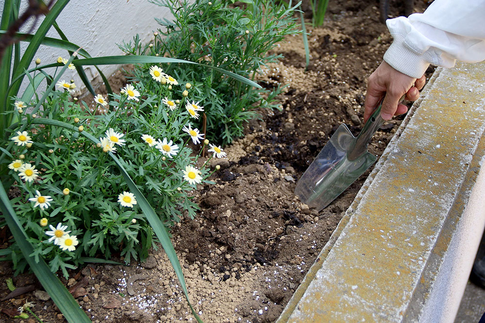 土と肥料をよく混ぜるむつみ園利用者