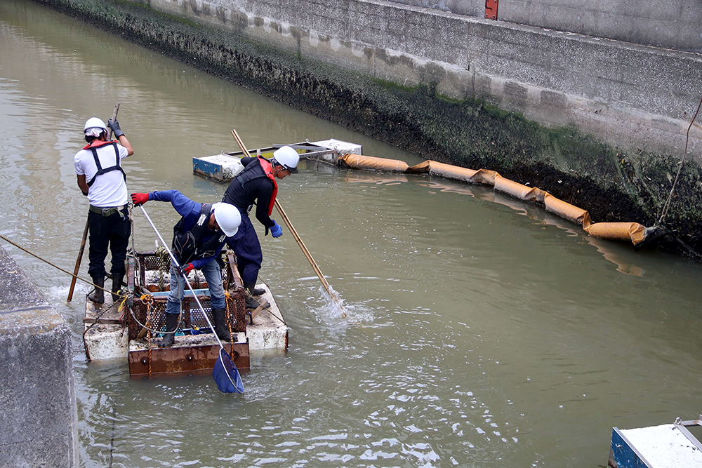 いかだで水中を清掃