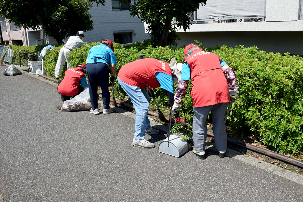 植込みのごみを清掃