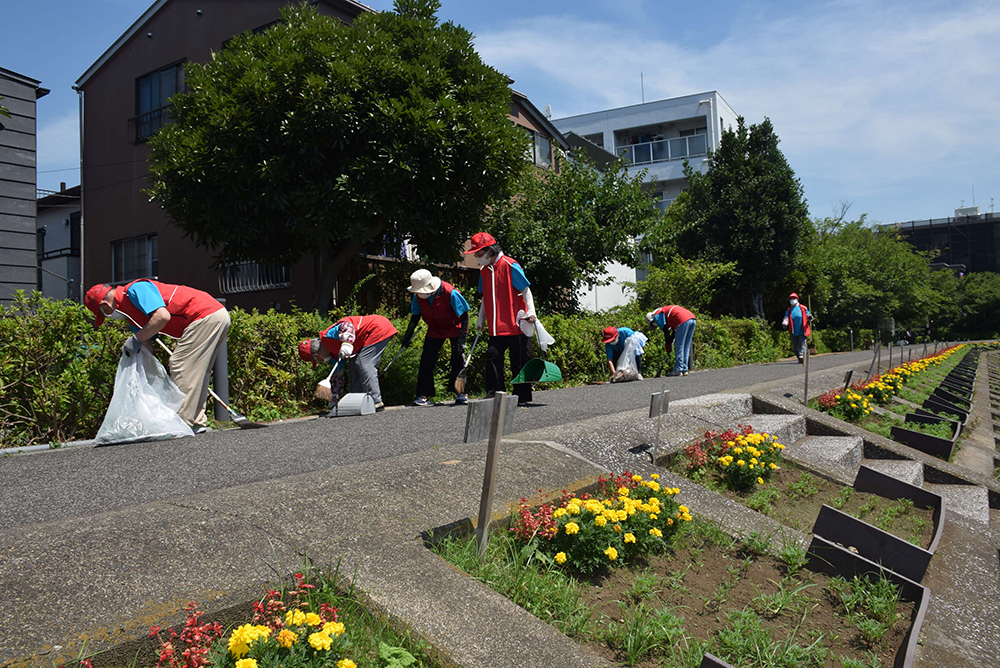 活動する皆さんと花海道の花壇