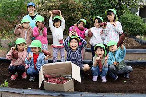 収穫したサツマイモとつき組の園児たち