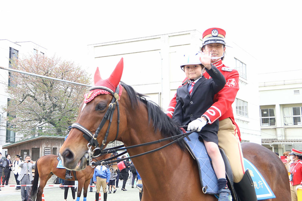 騎馬隊の馬に乗馬体験する1年生