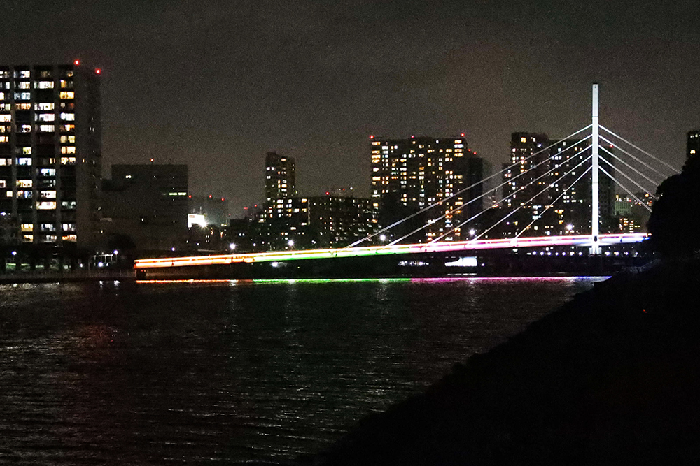 ライトアップされたかもめ橋と夜景の画像