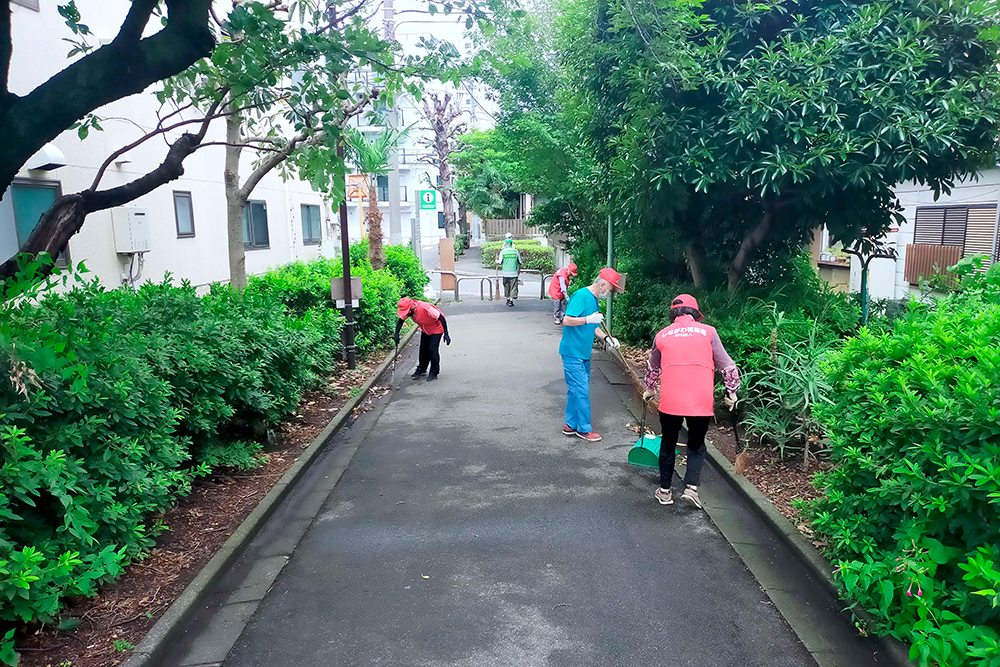 植木の下を掃除している画像