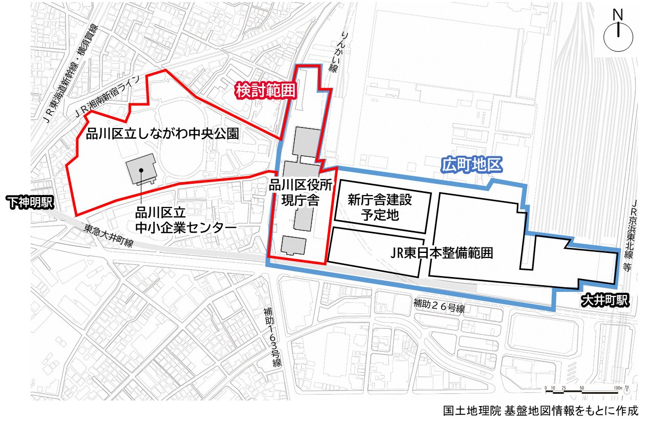 広町地区の位置および現庁舎跡地等の活用検討範囲