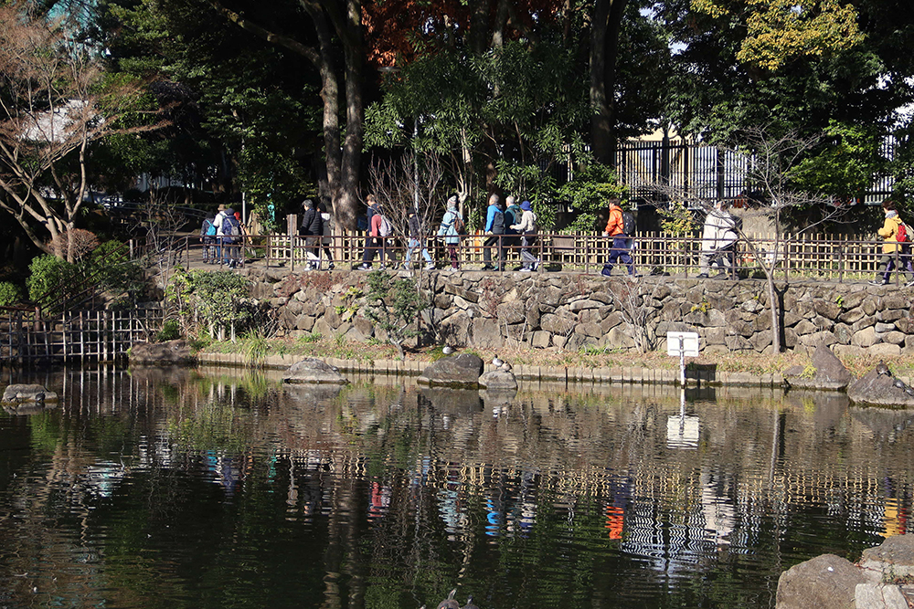 戸越公園の池のほとりを歩く様子の画像