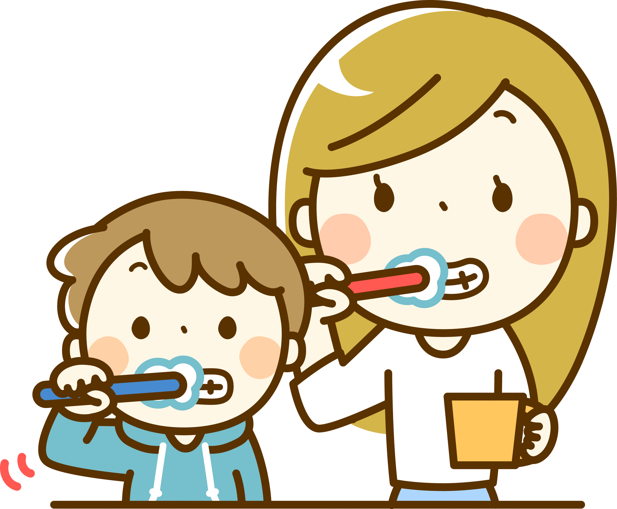 歯みがきをしている母親と子どものイラスト
