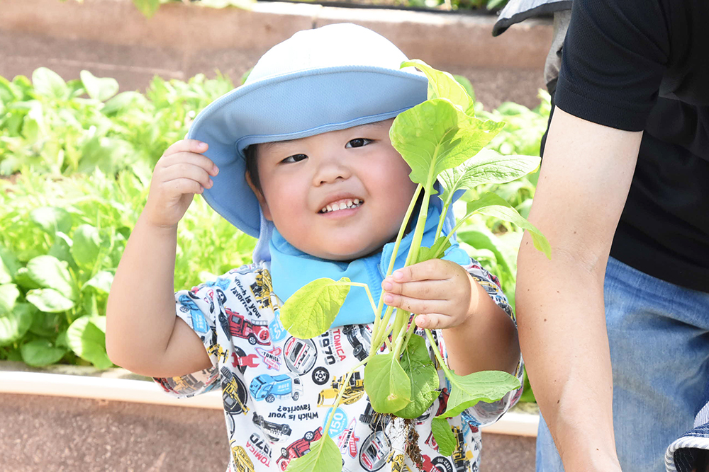 小松菜を片手に笑顔の子どもの写真