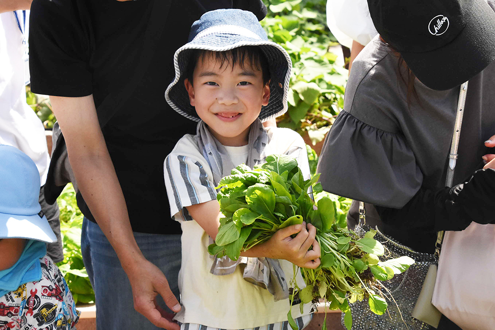 たくさんの小松菜をもって笑顔の子どもの画像