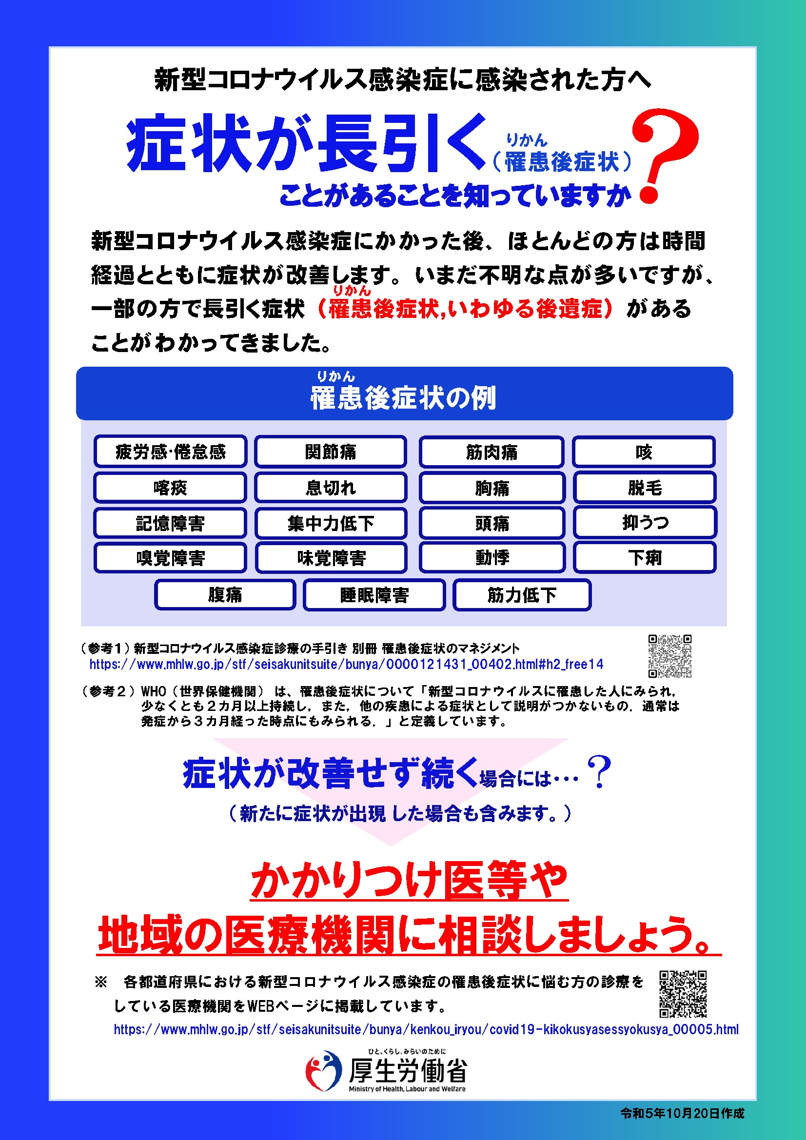 新型コロナウイルス感染症の罹患後症状（いわゆる後遺症）の具体的な症状について