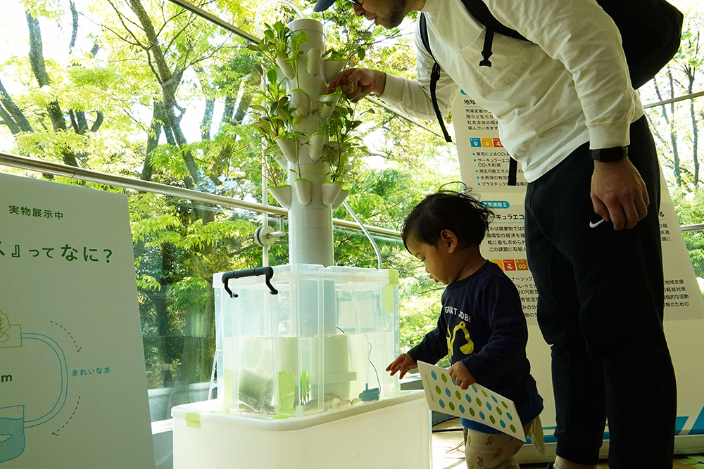 水耕栽培展示を見る参加者の画像