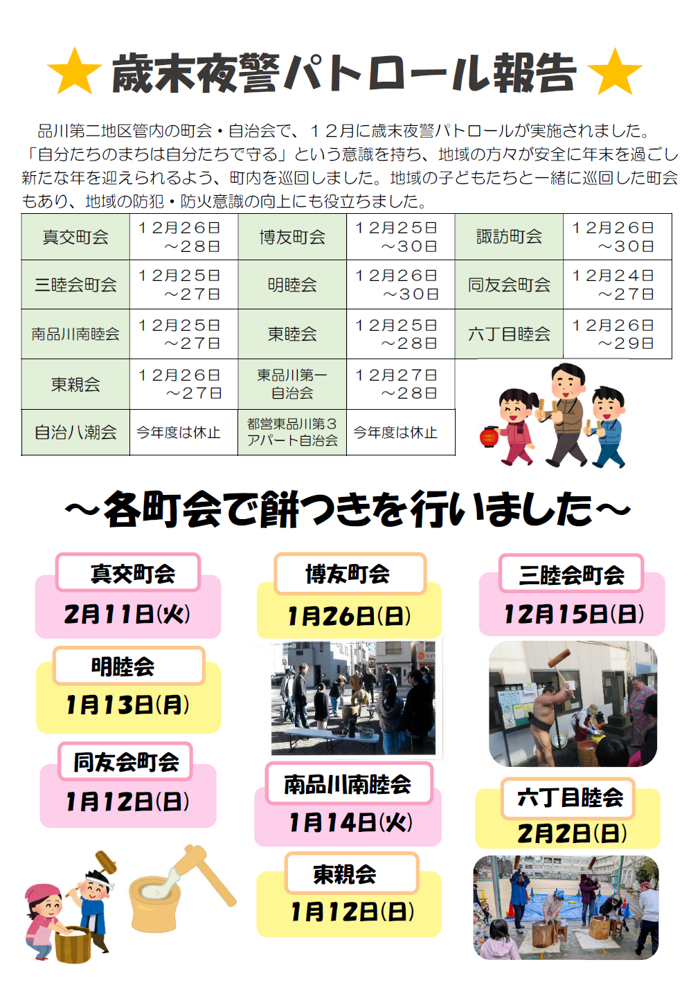 歳末夜警パトロール報告と各町会 餅つき