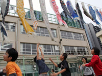 三木小学校 120匹の鯉のぼり上げ