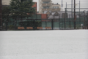 多目的グラウンドに一面雪が積もる