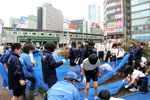 種まきをする児童たち