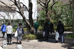 公園内を清掃するKチームのメンバー