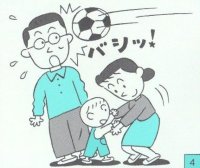 「バシッ」と、夫の顔にサッカーボールがあたった。の図